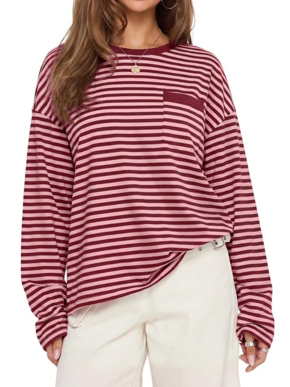 Women's Oversized Striped Long Sleeve Crew Neck T-Shirt